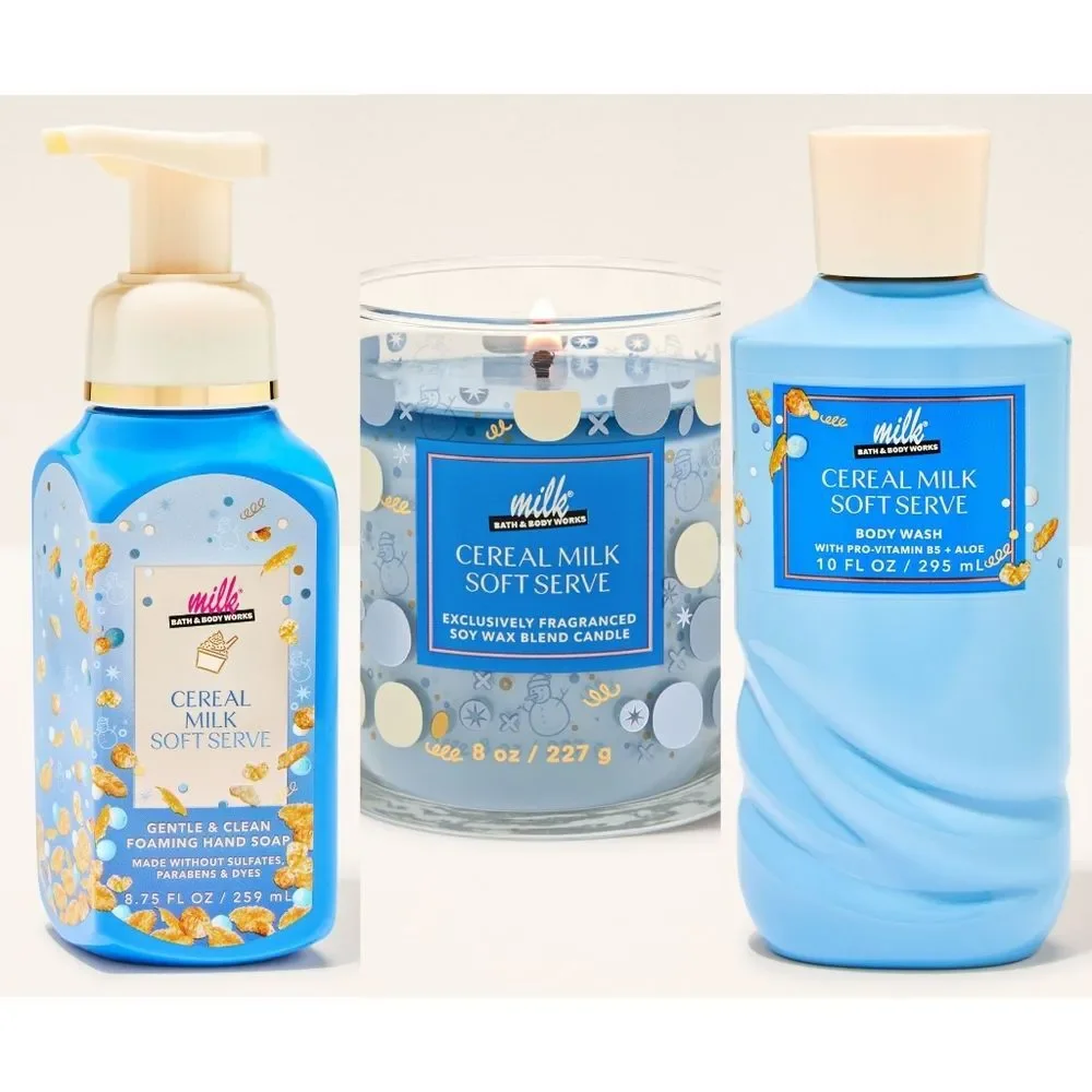 Milk Bar Cereal Milk Soft Serve Hand Soap, Candle, & Body Wash 3pc Set NEW